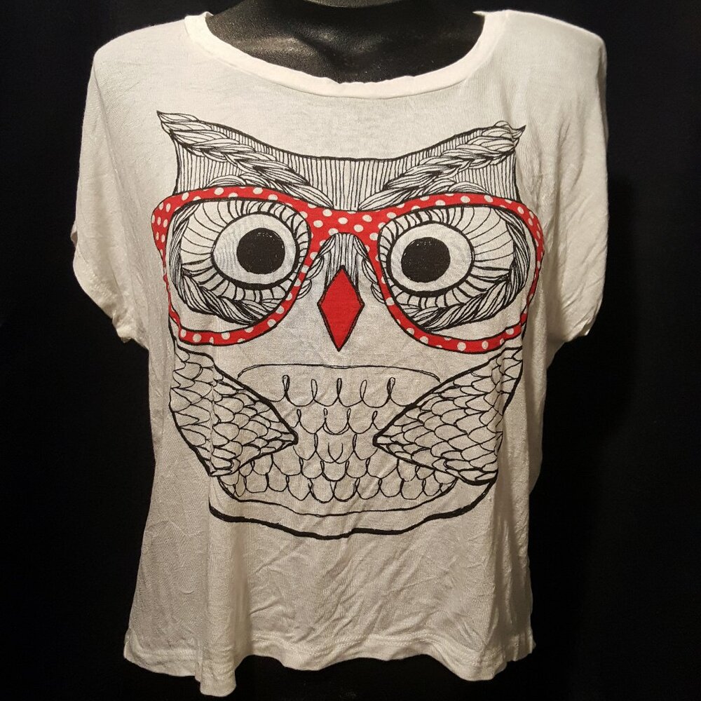 Delia's Nerdy Owl with Glasses Graphic Tee NWT White and Red